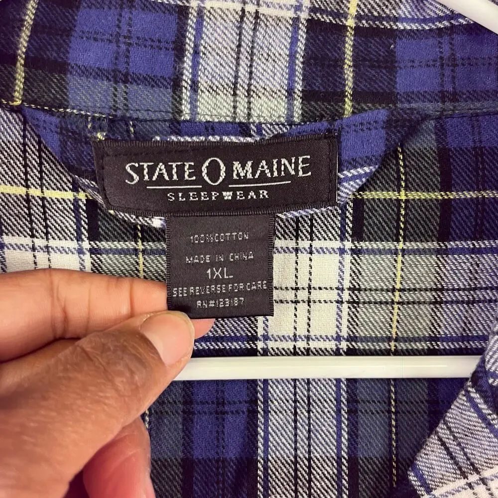 State O Maine Flannel Plaid Sleepwear Shirt Women’s 1XL Button Down 100% Cotton